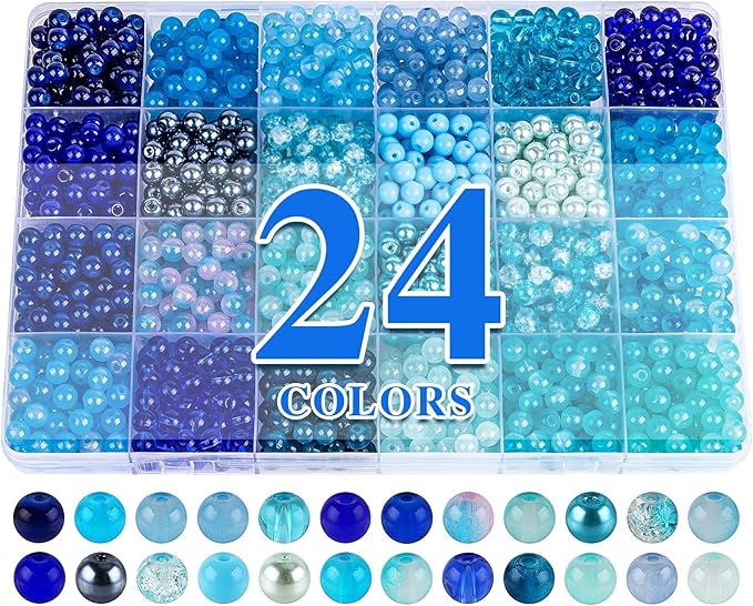 XSEINO About 1200PCS 6mm Glass Beads Bracelet Making Kit,24 Assorted Dreamy Blue Ocean Series Colorful Crystal Beads for Bracelet and Jewelry Making and DIY Crafts,Friendship Bracelets