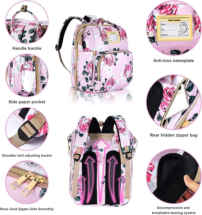 Diaper Bag Backpack with Changing Station, Foldable for Bady Toddler, 3 in 1 Large Capacity Newborn Essentials Organizer with Stroller Hook for Girls and Boys（Pink）