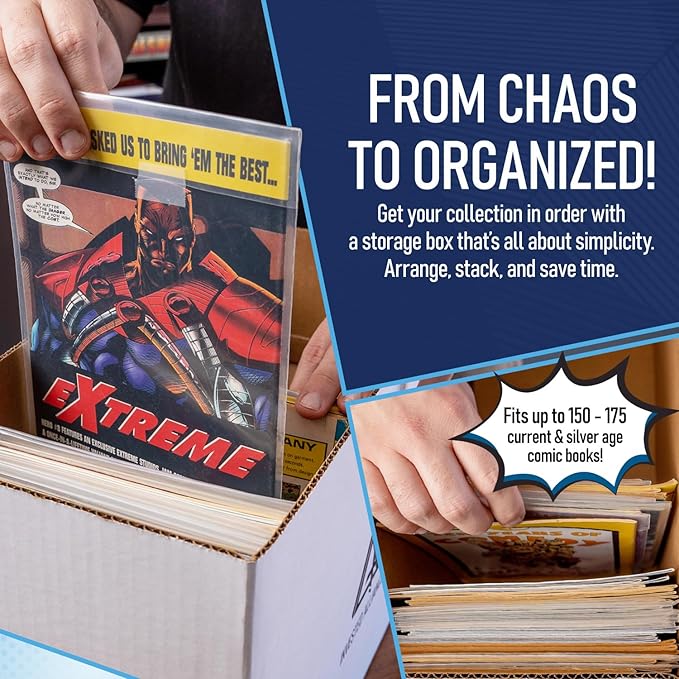 Bundle Set - Premium Short Comic Book Storage Box (3 Pack - White). Thick Cardboard Comic Book Box/Cabinet. Comics Books Bin for 150-175 Collectibles & White Comics Books Dividers (25 Pack)