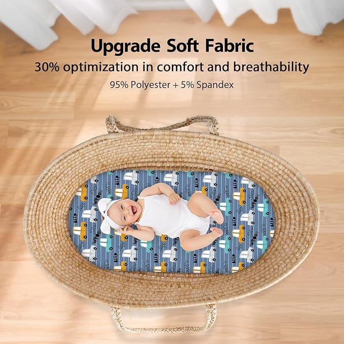 Baby Bassinet Sheets Girl Boy, Fitted Bassinet Sheet Set 3 Pack Bassinet Mattress Sheets Universal Fit for Rectangle, Round, Oval, Hourglass Mattress, Soft Breathable Grey & Blue Car