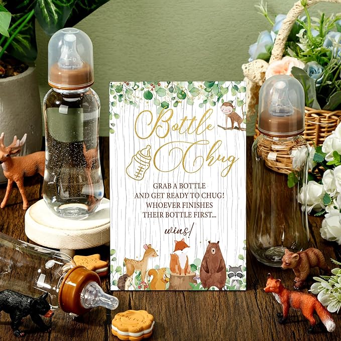 TrelaCo Woodland Animal Cool Baby Shower Games Bottle Chug Sign Wooden Woodland Gift Sets Gender Reveal Party Favors and 12 Pcs Baby Bottle Shower Favor for Gender Reveal
