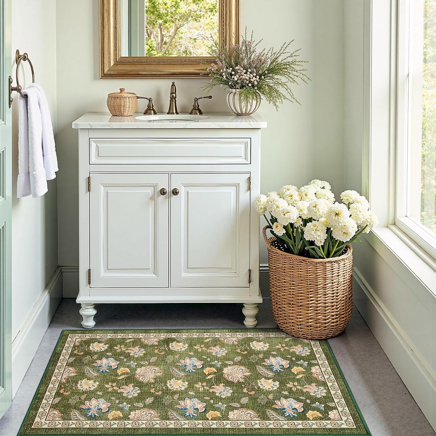 jinchan 3x5 Floral Rug for Entryway Washable Kitchen Rug Vintage Romance Design Small Mat Non Slip Indoor Doormat Lightweight Low-Profile Throw Carpet for Entrance Bathroom Laundry Room, Green