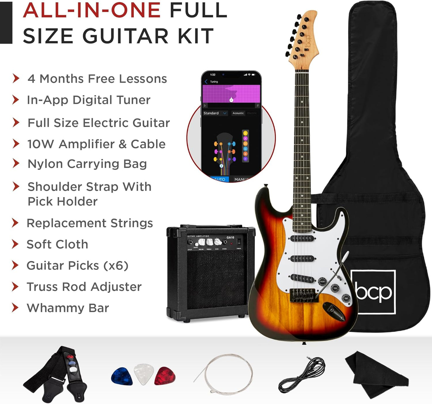 Best Choice Products 39in Full Size Beginner Electric Guitar Starter Kit w/Case, Strap, 10W Amp, Strings, Pick, Tremolo Bar - 3 Color Sunburst