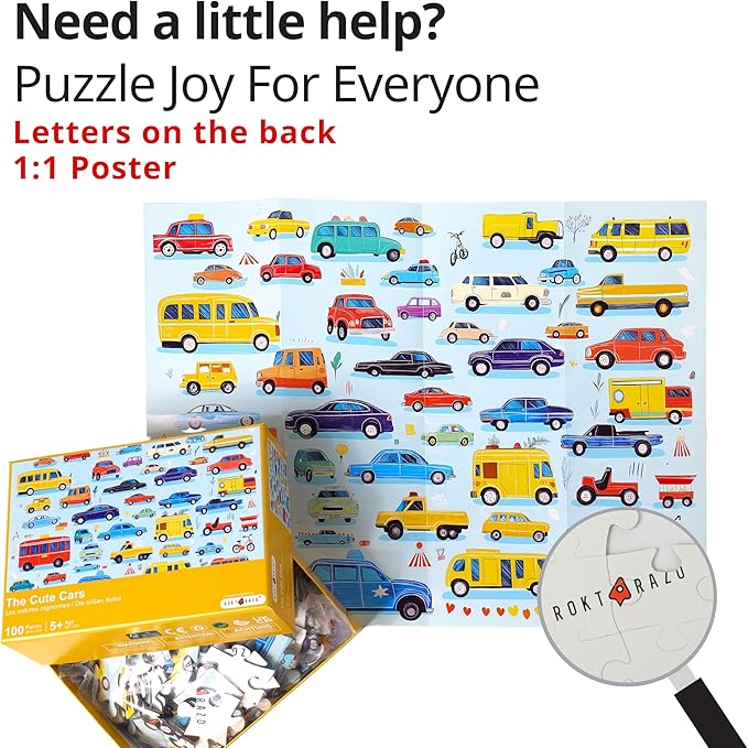 100 Pieces Jigsaw Puzzles, Large Pieces, Puzzles for Beginners, Easy Puzzles for Kids and Seniors, Family Game Nights, Finish Size 15.7 x 11.8 in (The Cute Cars)