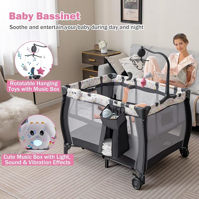 HONEY JOY Pack and Play, 3 in 1 Portable Baby Playard with Bassinet, Changing Table, Lockable Wheels, Music Box, Foldable Travel Baby Crib Nursery Center from Newborn to Toddler (Water Drop Gray)