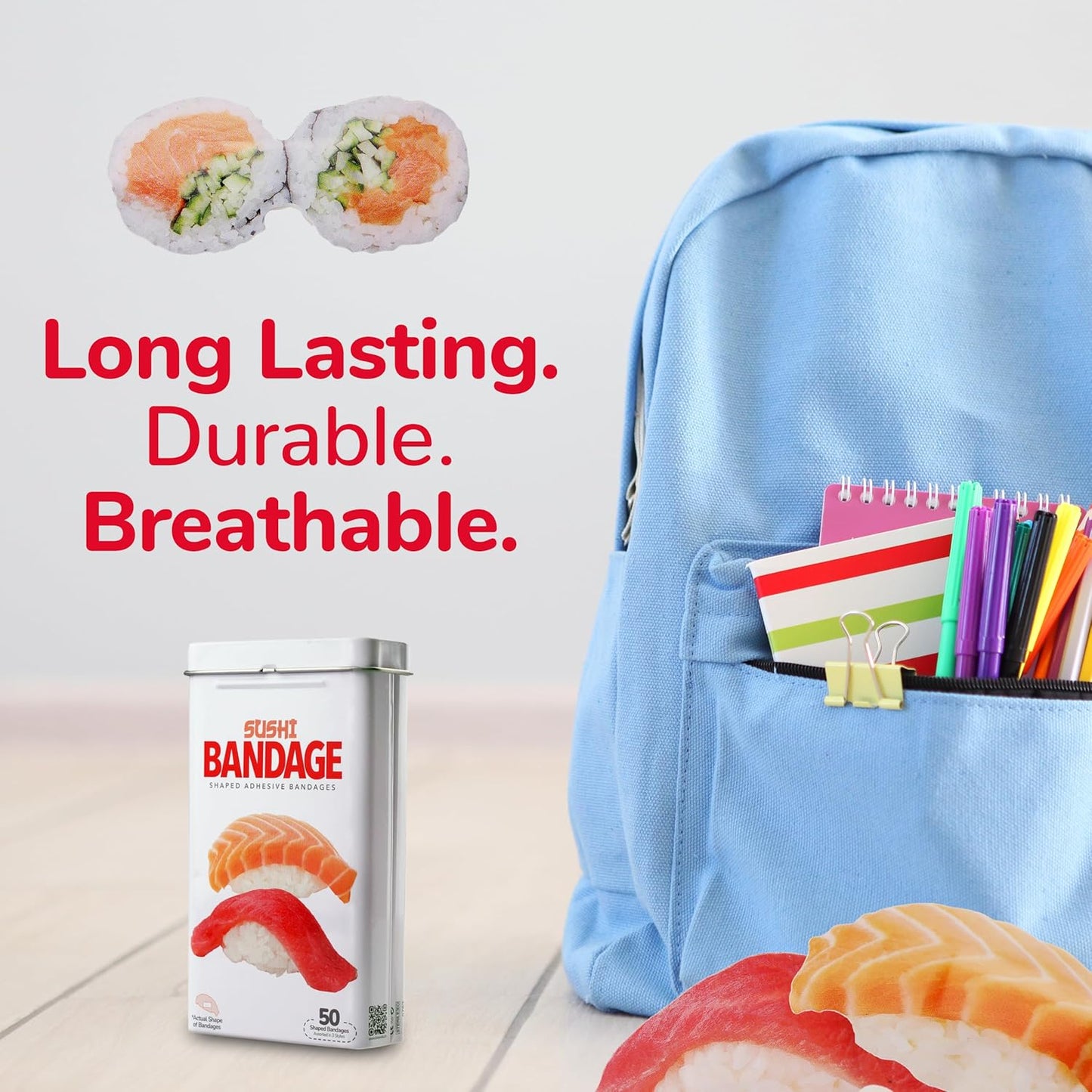 BioSwiss Bandages, Sushi Shaped Self Adhesive Bandage, Latex Free Sterile Wound Care, Fun First Aid Kit Supplies for Kids, 50 Count