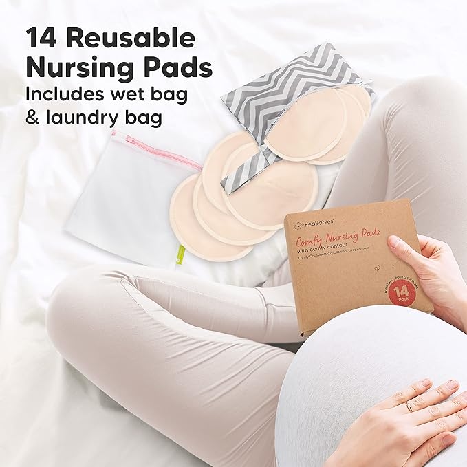 Organic Nursing Pads - 14 Washable Viscose Derived from Bamboo Breastfeeding Pads, Wash Bag, Reusable Breast Pads for Breastfeeding, Nipple Pads for Breastfeeding Essentials (Bare Beige, L 4.8")