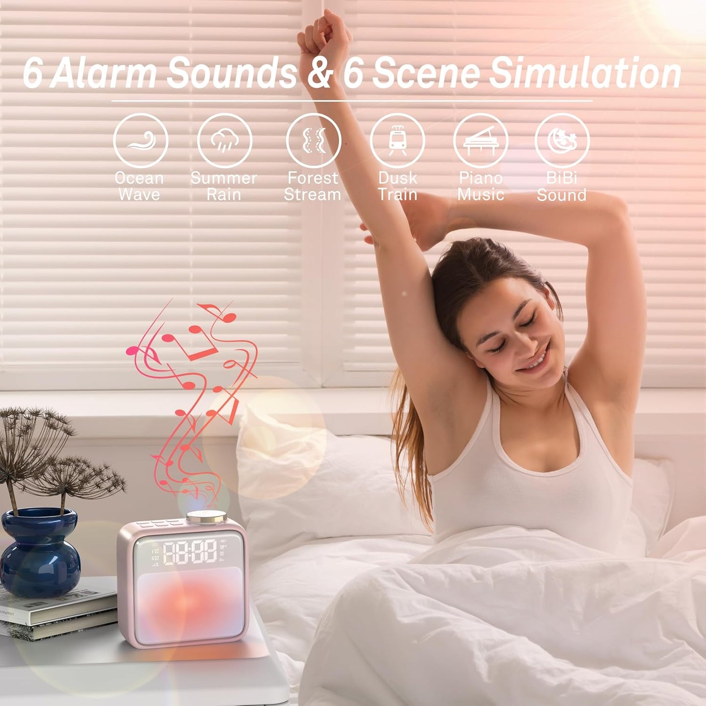 AIRIVO Alarm Clock Night Lights, Rechargeable Alarm Clock for Bedrooms, 6 Scenes & White Noise Sync, Dual Alarms & Snooze, for Heavy Sleepers, Gifts for Kids Teens (Pink)