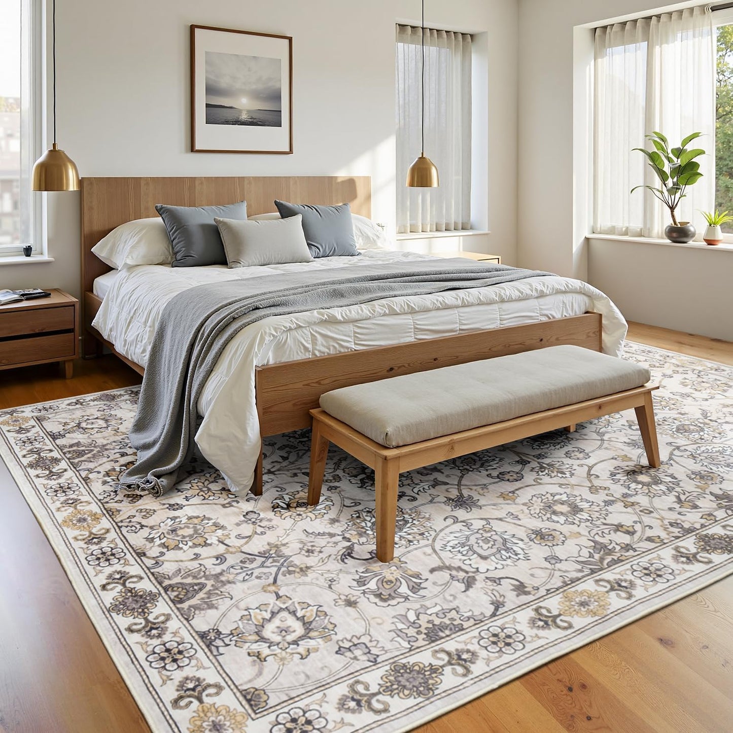 6x9 Area Rug for Living Room & Bedroom, Washable Non-Slip Vintage Rugs, Neutral Floral Soft Carpet, Low Pile Wool Carpets for Indoor Dining Home Office Playroom Under Table, Beige