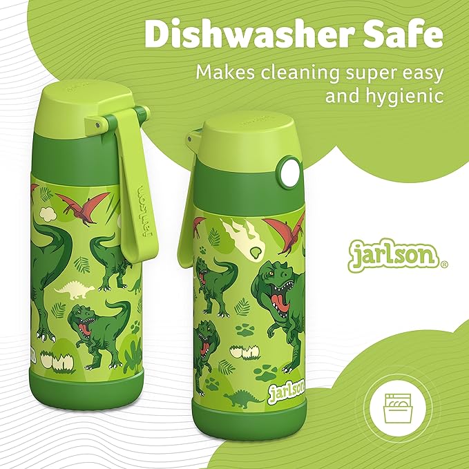 Jarlson® Mali Children's Water Bottle, Thermal Stainless Steel Water Bottle, BPA-Free, Leak-Proof, Children's Bottle with Chug Lid, Bottle for School, Nursery (Dinosaur 'Star', 350 ml)
