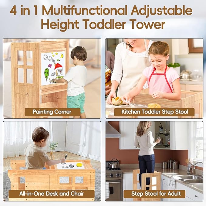 4 in 1 Toddler Step Stool Convertible Table and Chair, Adjustable-Height Toddle Kitchen Step Stool Helper Tower with Double-Sided Whiteboard, Kids Learning Standing Tower for Bathroom Sink