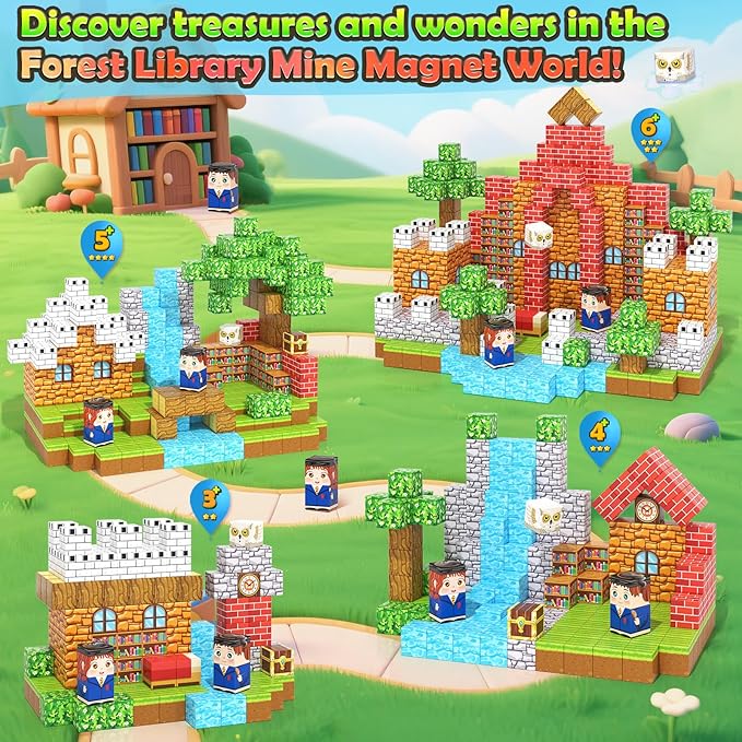 150PCS Magnetic Blocks - Build Mine Magnet World Forest Library Adventure Set, Building Toys for Boys Girls 3+, Magnetic Tiles Cubes Montessori Sensory Toys for Kids Ages 3-5 6-8 8-12 Kids Game Toys