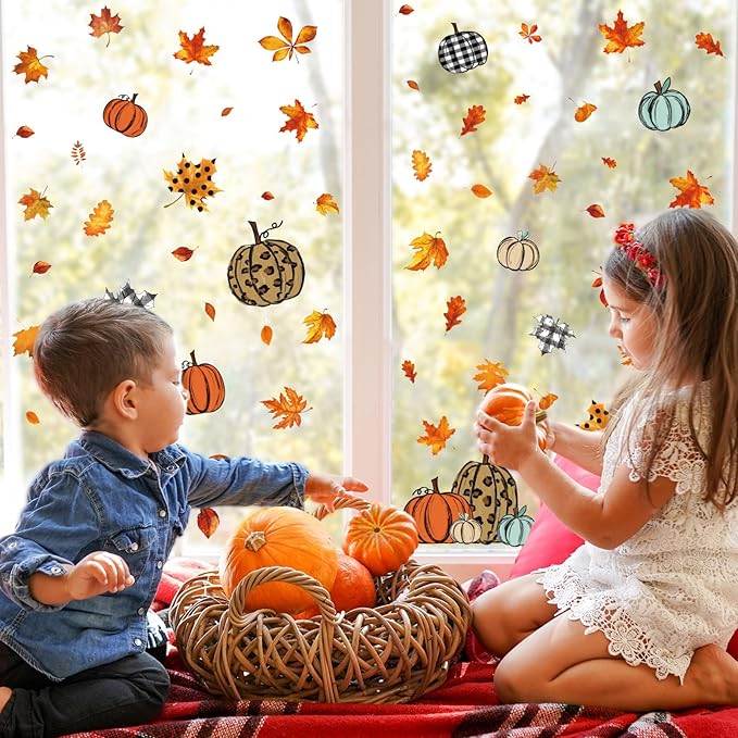 Whaline 138Pcs Fall Window Clings Thanksgiving Autumn Harvest Colorful Pumpkin Leaves Window Decals for Autumn Thanksgiving Home School Office Party Supplies Gifts