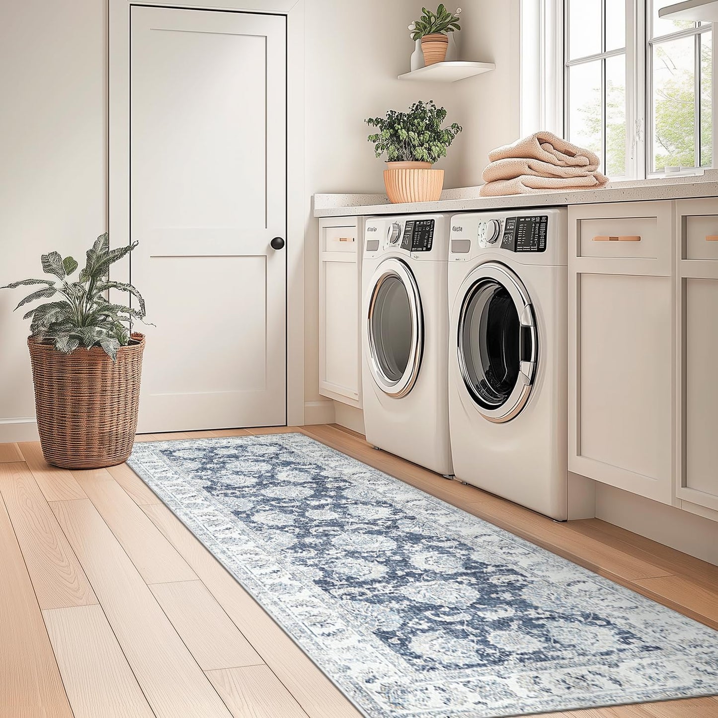 jinchan Runner Rug 2x6 Machine Washable Hallway Rug Dark Blue Vintage Floral Print Non-Slip Low Pile Ultra-Thin for Kitchen,Entryway,Laundry Room,Bedroom,Farmhouse (2‘x6’,Dark Blue)