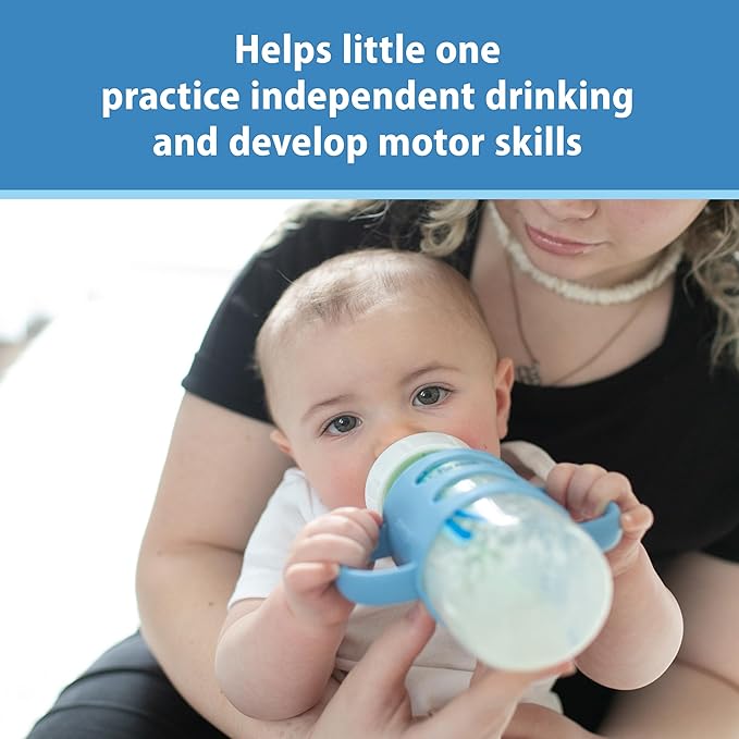 Dr. Brown's Wide-Neck Baby Bottle Handles, 100% Silicone, Easy Grip Removable Handles for Bottle to Sippy Cup Transition, Blue, 4m+