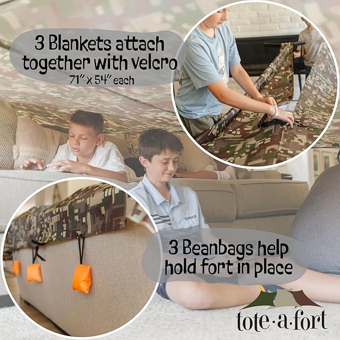Tote a Fort Camo Blanket Fort Building Kit for Kids, 4 Blanket TOTEAFORT Toy, Make a Portable Playhouse, Play Tent Boy and Girl Indoor Outdoor Build Set, STEM Children Toy, Ages 4, 8, 12 +