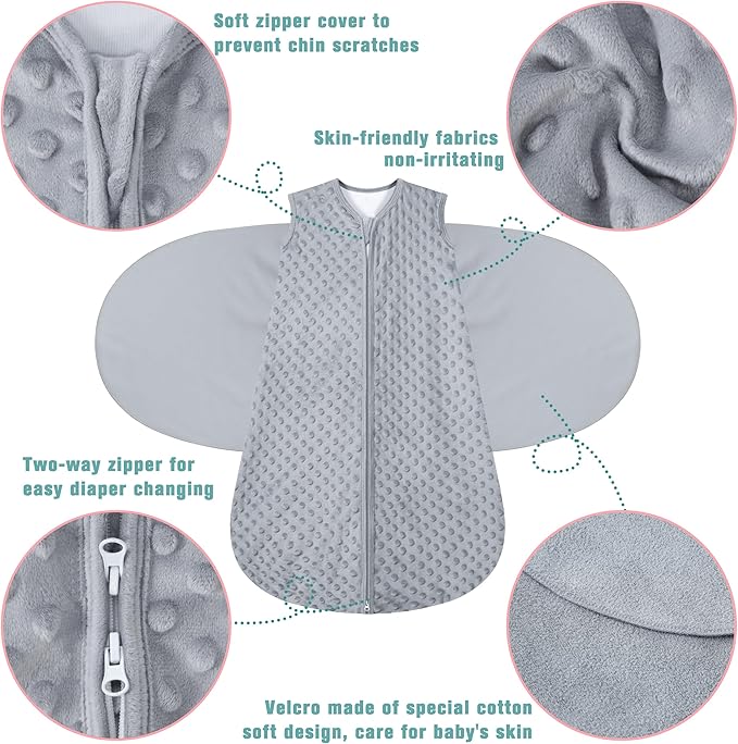 Fleece Newborn Sleep Sack Baby Swaddle,3-Way Adjustable Wearable Blanket,2 Pack Fleece Swaddling Sleeping Bag TOG 2.0， (Gray & Pink, 3-6 Months)