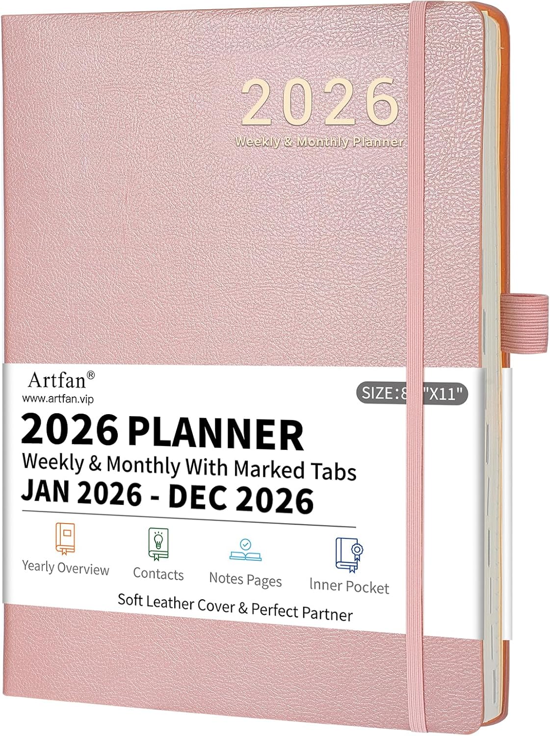 2026 Planner - JAN 2026 - DEC 2026, Planners 2026, Planner Weekly and Monthly, Leather Cover Calendar Planers with Thick Paper, Back Pocket with Notes Pages, Pink (8.5" x 11")