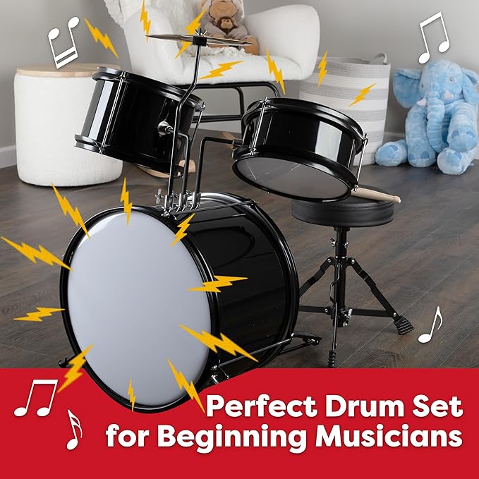 Kids Drum Set - 3-Piece Drum Kit with Cymbal, 2 Toms, Bass Drum and Pedal, Drumsticks, and Throne - Beginner Musical Instruments by Hey Play (Black)
