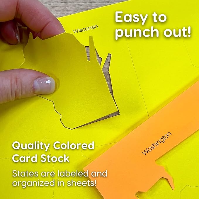 112 Pcs DIY U.S. MAP Puzzle Easy Punch-Out Paper 50 States – Makes 2 Complete Maps, Fits Standard Poster Board, Ideal for Homeschool, Geography, and Classrooms, US Made Quality Card Stock, NOT Foam