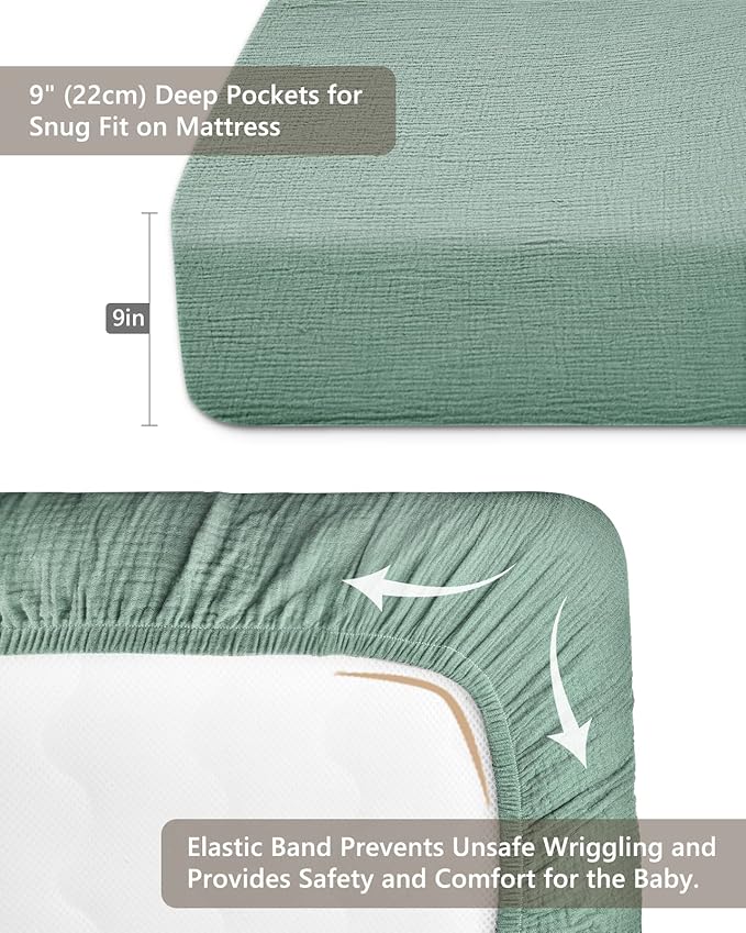 Crib Sheets for Boys Girl, Fitted Baby Toddler Bed Sheets 28" x 52", Neutral Muslin Cotton Crib Mattress Bedding Soft and Breathable Comfort (Roman Green)
