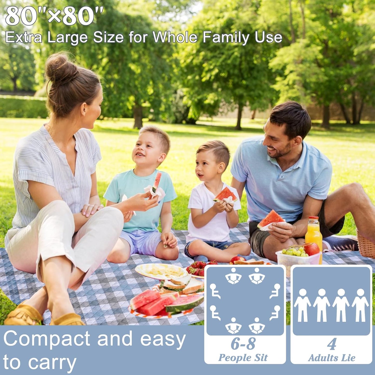 Extra Large Picnic Blanket 80''x 80'' Waterproof Foldable Picnic Mat for Beach, 5-Layer Outdoor Blanket for 6 to 8 Adults,Camping Grass Lawn Park Accessories Couple Park Wedding Registry(Grey)