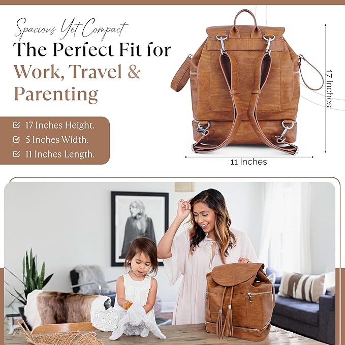 Citi Collective Journey Vintage Tan Vegan Leather Diaper Bag Backpack | Elegant, Multifunctional, Travel Diaper Bag with Stroller Straps & Insulated Bottle Pockets