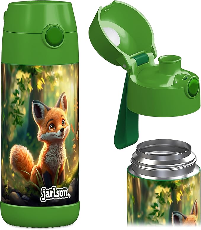 Jarlson® Mali Children's Water Bottle, Thermal Stainless Steel Water Bottle, BPA-Free, Leak-Proof, Children's Bottle with Chug Lid, Bottle for School, Nursery (Fox Green, 12 oz)