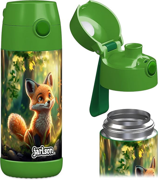Jarlson® Mali Children's Water Bottle, Thermal Stainless Steel Water Bottle, BPA-Free, Leak-Proof, Children's Bottle with Chug Lid, Bottle for School, Nursery (Fox Green, 12 oz)
