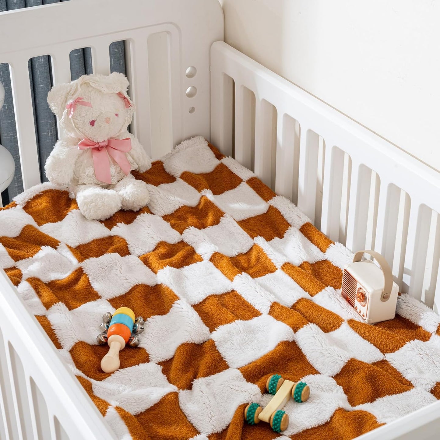 Fleece Baby Blanket for Boys 3D Checkerboard Design, Warm Cozy and Fluffy Infant Newborn Toddler Small Receiving Blankets for Crib Stroller, 30x40 Inches, Brown