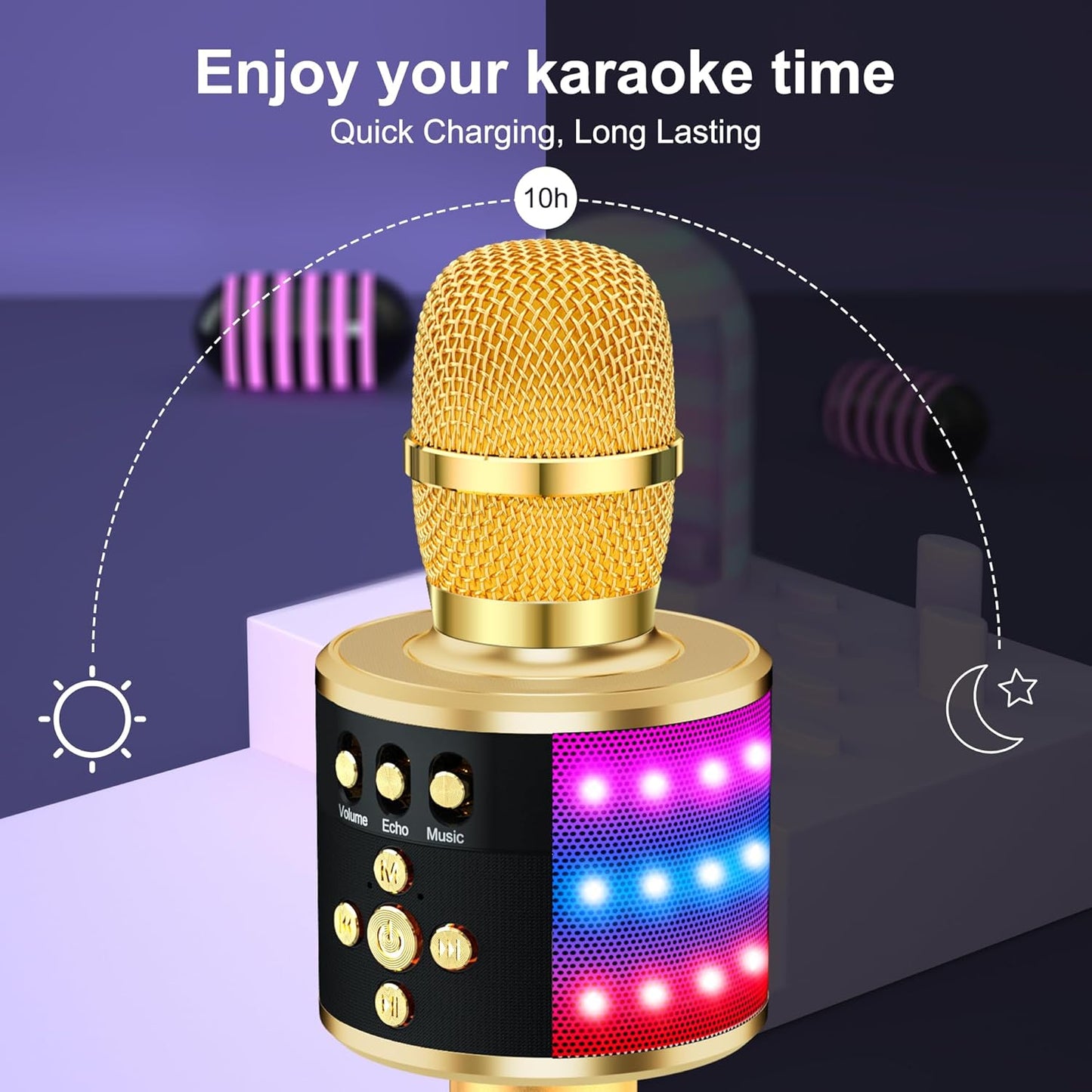 BONAOK Karaoke Microphone for Kids & Adults - Bluetooth Microphones Singing Mic with Disco Lights, Echo Effect, Built-in Speaker Portable Karaoke Player for Party Travel Gifts Q78(Gold)