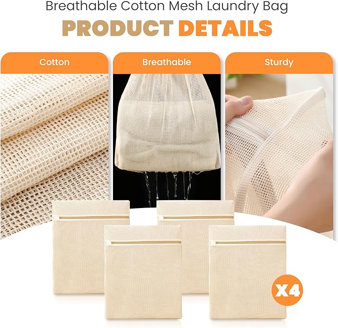 4Pcs Cotton Mesh Laundry Bags for Delicates,Breathable Mesh Garment Bag for Washing Machine,Travel Wash Bags with Zipper for Bras,Underwear,Socks,Baby Clothes,Laundry Dorm Room Essentials(M)