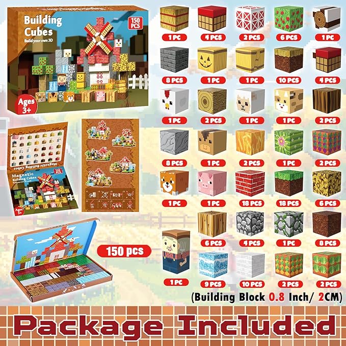 150 PCS Magnetic Blocks - Farm Animals Magnetic Building Blocks Cubes & Magnet Toys, Stacking Magnets, STEM Toys for School Acitivities, Ideal Christmas Birthday Gifts for Boys Age 3+ Years Old