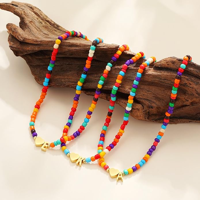 Colorful Initial Necklaces for Girls Women - Beaded Initial Necklace Teen Girl Gifts Trendy Stuff Dainty Bohemian Letter Necklace Personalized Gifts for Girls Women Jewelry