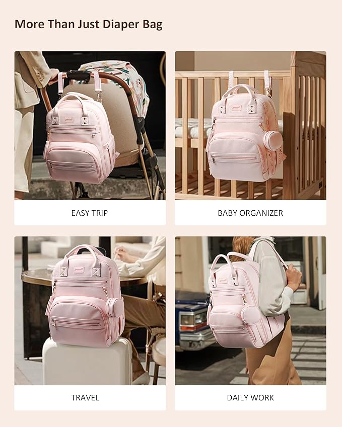 Premium Vegan Leather Diaper Bag Backpack with Waterproof Changing Pad, Reinforced Zippers & Odor-Free, 20 Pockets Pro Organizer, Fits 15.6" Laptop, Stroller Straps, Baby Bag for Mom, Pink