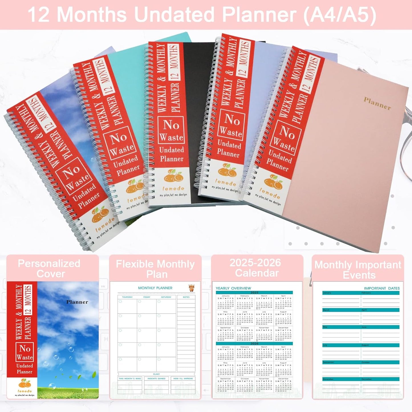 A4 Large Undated Weekly and Monthly Planner, 12 Months No Waste Handwritten Date Weekly To Do List Notebook with Goal & Organizer Pocket, 8.5" x 11" Blank Monthly Planner for Women Work School Home
