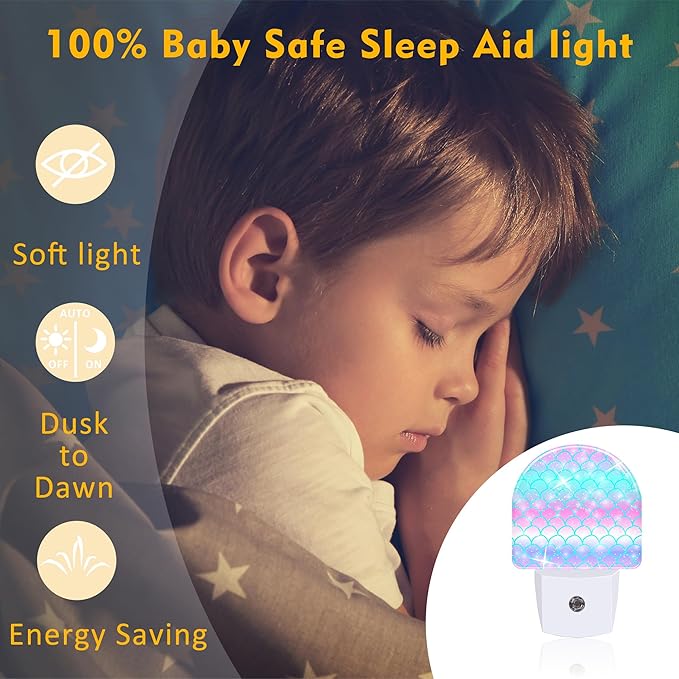 Rainbow Glitter Mermaid Scales Night Light Plug into Wall,Watercolor Pink Purple Teal Fish Scale Dusk to Dawn Night Light,0.5w Energy Saving Nightlights for Kids Boys Girls Home Decor