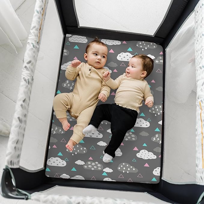 Pack n Play Sheets, BROLEX 2 Pack Mini Crib Sheets,Stretchy Portable Fitted Playard Sheet Set, Convertible Playard Mattress Cover,Ultra Soft Breathable Material,Whale Cloud