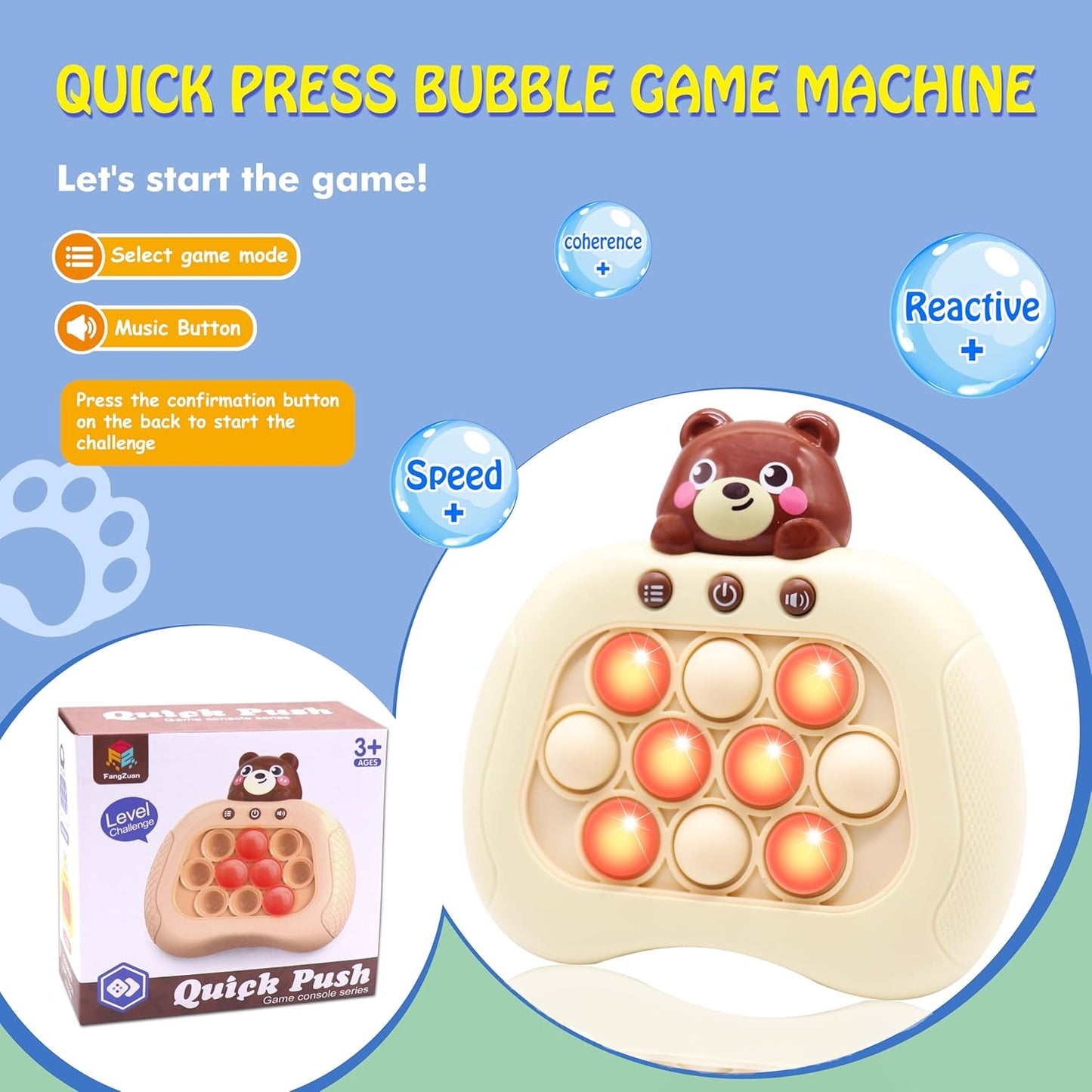 Pop-Fast-Push-Bubble-Game for Kids,Quick Push Console Game for Ages 3-12 for Boys and Girls,Handheld Puzzle Game Sensory Toys - Bear