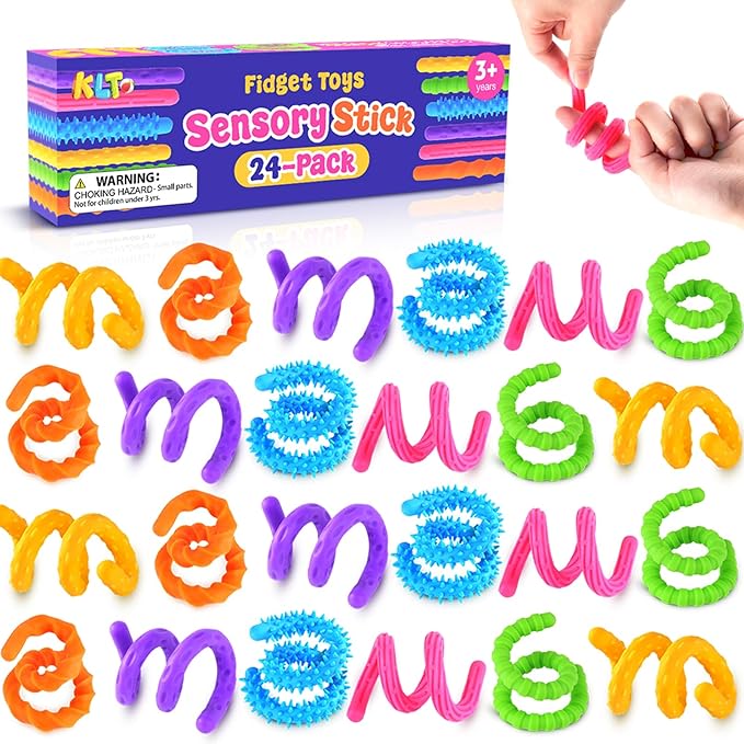 Fidget Toys Bulk for Kids: 24 Pack Textured Silicon Sensory Sticks, Bulk Prizes for Students Teacher Classroom, Anxiety Relief Sensory Toys, Party Favors Goodie Bag Stocking Stuffer for Kids