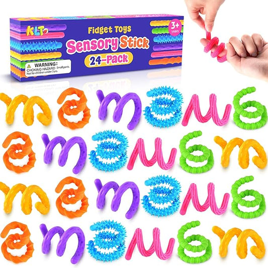 Fidget Toys Bulk for Kids: 24 Pack Textured Silicon Sensory Sticks, Bulk Prizes for Students Teacher Classroom, Anxiety Relief Sensory Toys, Party Favors Goodie Bag Stocking Stuffer for Kids