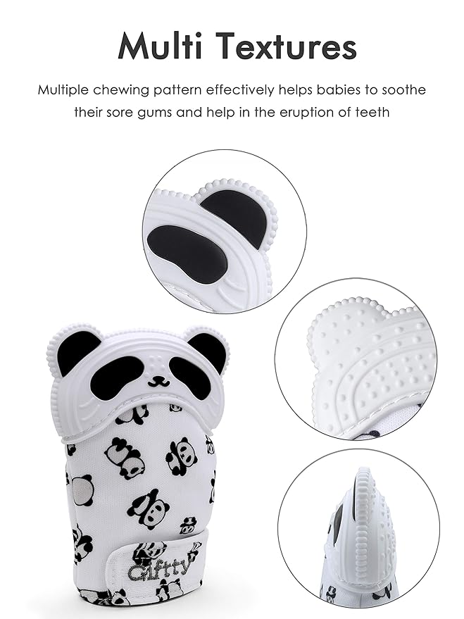 Giftty Baby Teething Mitten Panda Hand Teether Soothing Glove Wearable Teething Toy with Crinkle Sound, Multi Textured for Infants 3-12M (1 Pair)