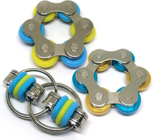Fidget Roller Chain Toys with Metal and Silicone Rings - Stress Relief Perfect for ADHD, ADD, Anxiety in Office, School Stocking Stuffers Gifts (Blue, Yellow)