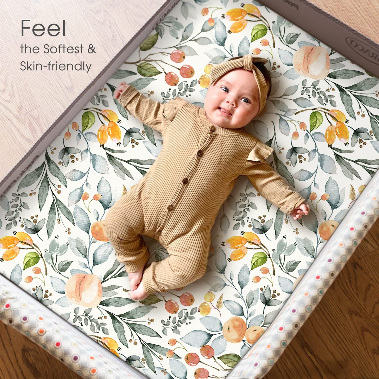 GRSSDER Stretchy Ultra Soft Jersey Knit Fitted Pack n Play Sheets Set 2 Pack, Portable/Mini Crib Sheets for Girls, Watercolor Flowers and Fruits