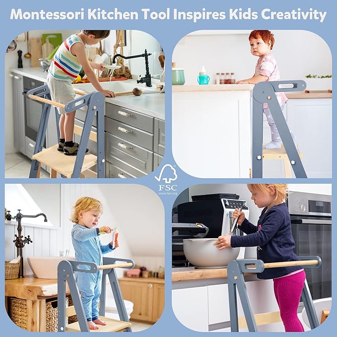 Foldable Toddler Kitchen Wood Step Stool with Hook, Pre-Assembled Wooden Folding Montessori Learning Helper for Kids, Folding Standing Tower with 3 Adjustable Height Step for Counter Sink-Gray
