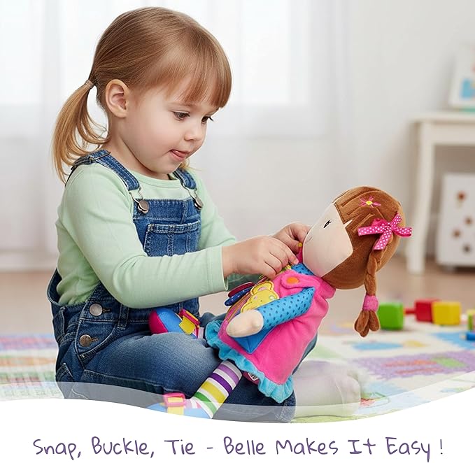 June Garden 15.5" Dressy Friends Belle - Educational Stuffed Plush Doll for Kids and Toddlers 2 Years and Up - Montessori Buckle Soft Toy