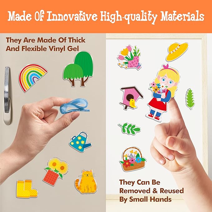 38PCS Reusable Jelly Stickers, Waterproof Spring-Theme Window Cling Stickers for Toddlers, Removable Easy to Clean Gel Decals for Kids, Adults, Home & Classroom Decors, Travel Toy (Not Edible)