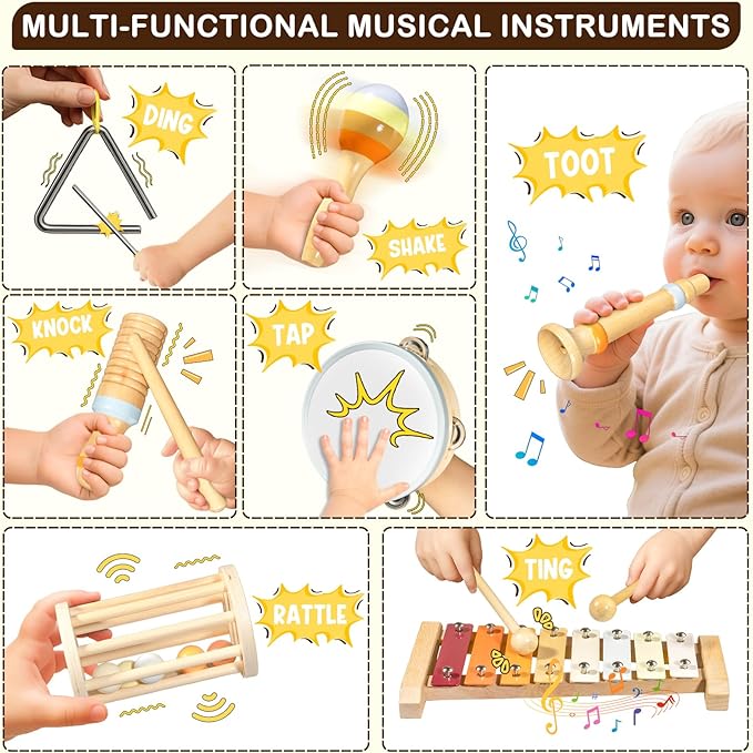 Baby Musical Instruments Set - Montessori Wooden Toys for Toddlers 1-3, Neutral Colors Drum Percussion Instruments Set with Modern Boho Xylophone, Preschool Educational Tool for Kids Age 3+