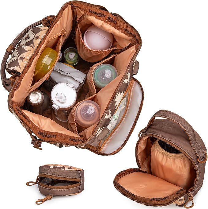 Montana West Wrangler Callie Diaper Bag Backpack with Pacifier Case, Crossbody Bottle Bag and Stroller Straps Western Pattern Multifunction Baby Travel Bag Set WG2215-9110BR