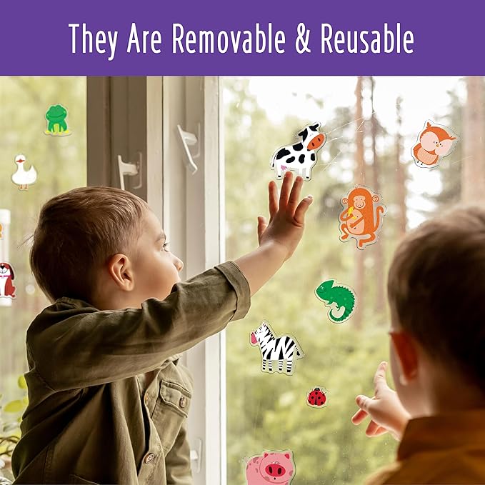 31PCS Animal Jelly Stickers, Thick Window Door Clings Removable Reusable Gel Clings Decals for Kids Toddlers Adults Home Classroom Nursery Animal Theme Party Supplies Decorations (Not Edible)